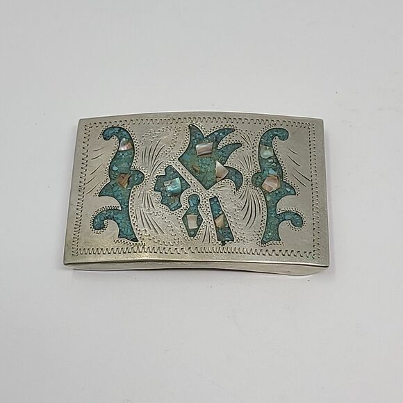Alpaca Mexico Vintage Handcrafted Silver Belt Buckle With Abalone Turquois Inlay - Picture 1 of 6
